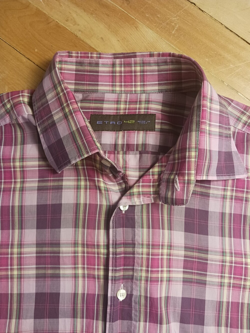 Etro Milano Mens Shirt Size 42 Purple Plaid Madras Cotton Made in Italy ButtonUp